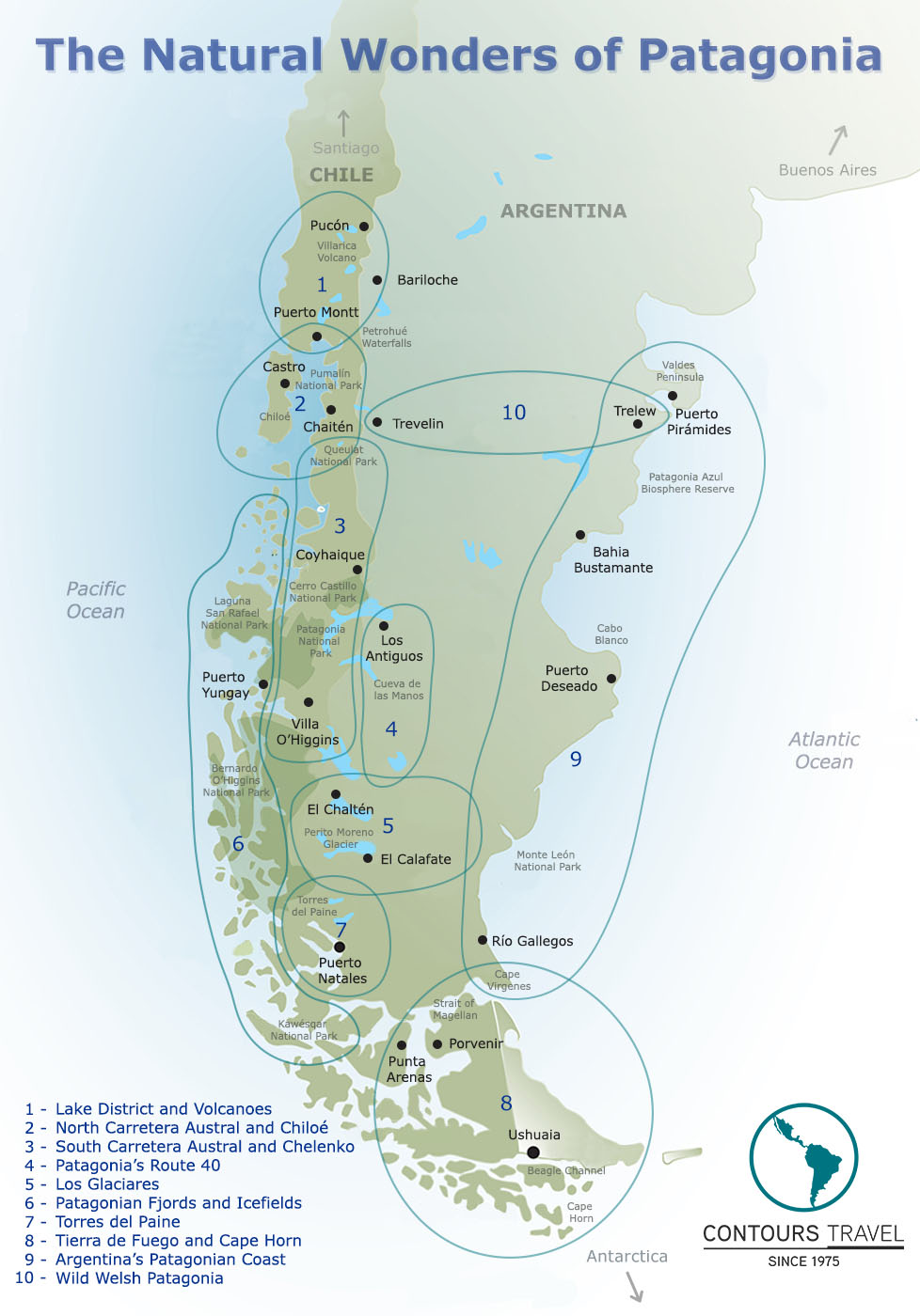 Map of Patagonia by regions Contours Travel