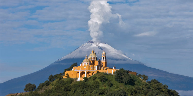 Cholula Pyramid with Church and Popocatepetl in the back