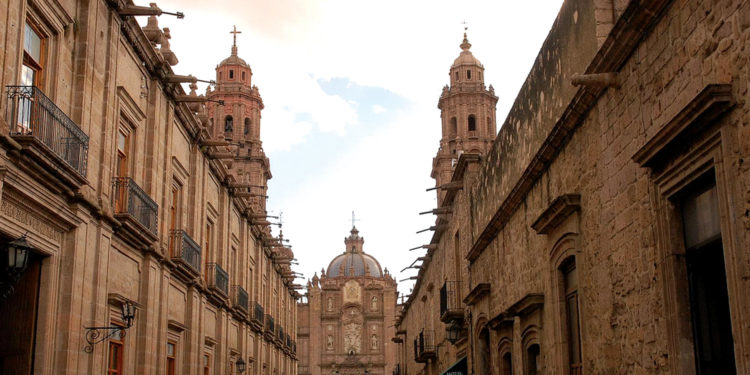 Morelia City street with Cathedral